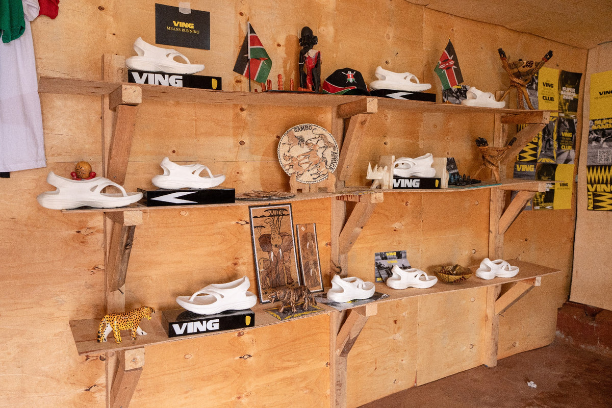 VING running sandals on display at the Iten store